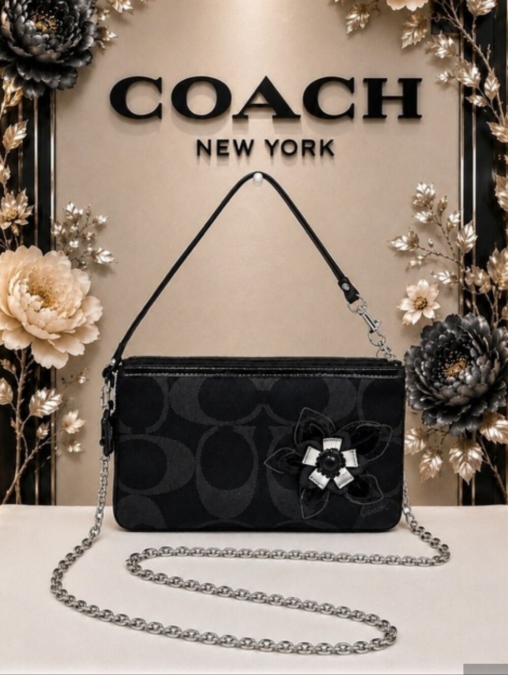 Coach Black Signature Floral Applique Wrislet/Clutch NWOT